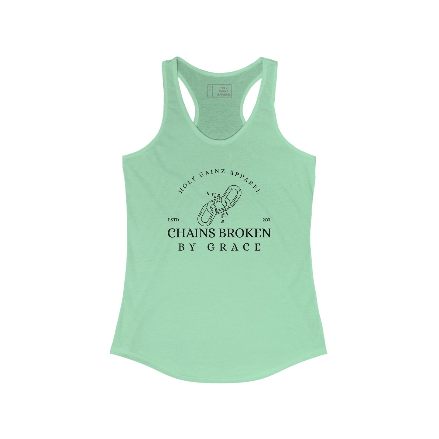 Holy Gainz Apparel Chains Broken By Grace Racerback Women’s Tank Top