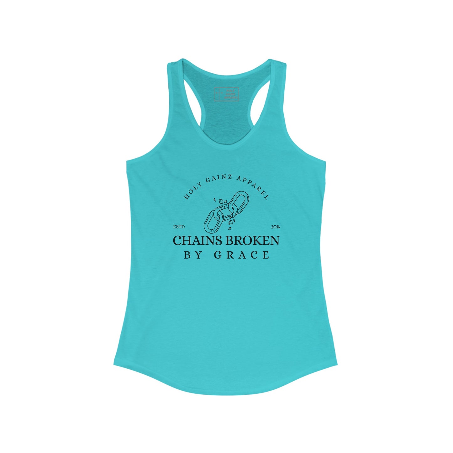 Holy Gainz Apparel Chains Broken By Grace Racerback Women’s Tank Top