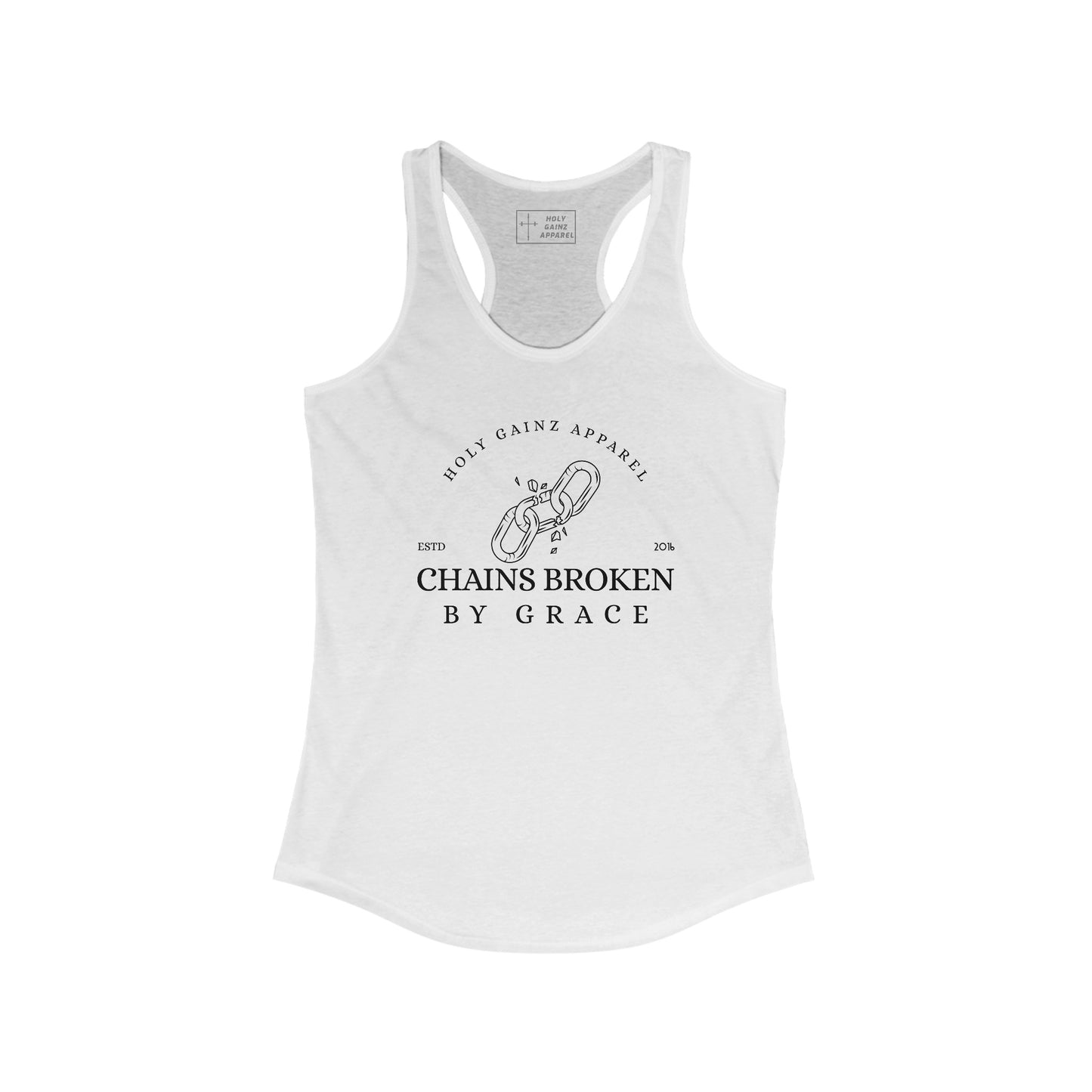 Holy Gainz Apparel Chains Broken By Grace Racerback Women’s Tank Top