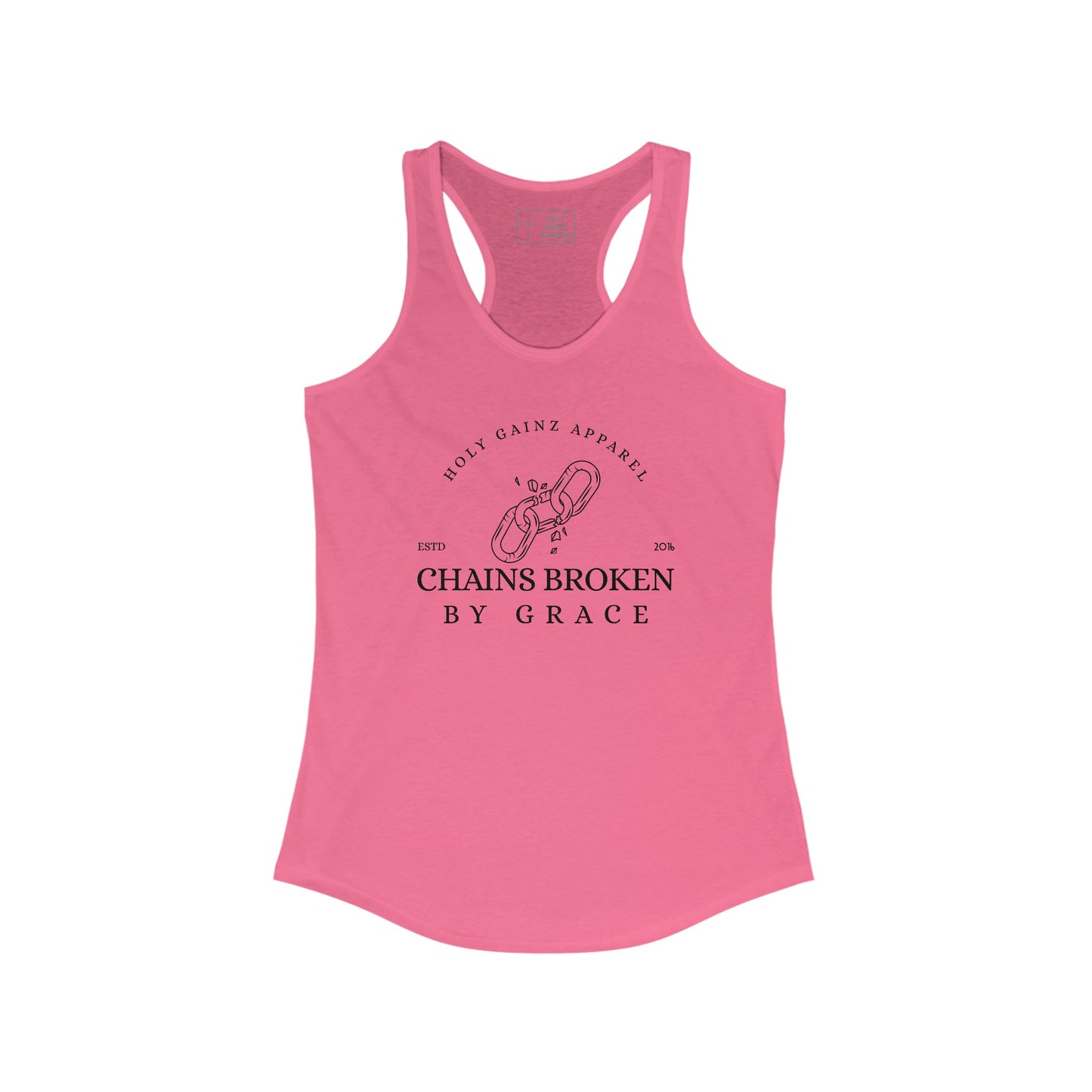 Holy Gainz Apparel Chains Broken By Grace Racerback Women’s Tank Top